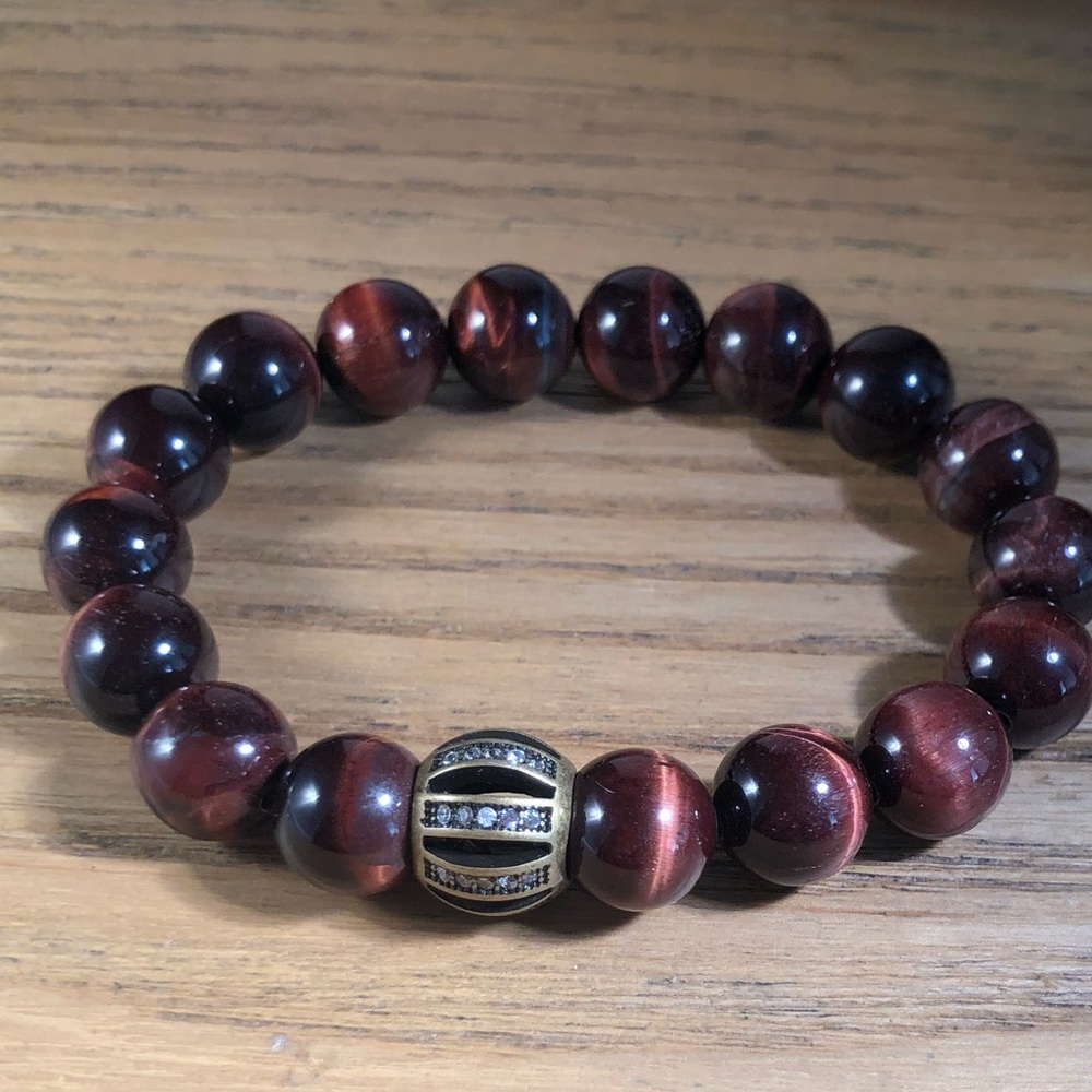Red Tiger Eye Beaded Gemstone Bracelet with Brass Marcasite Accent Focal Bead